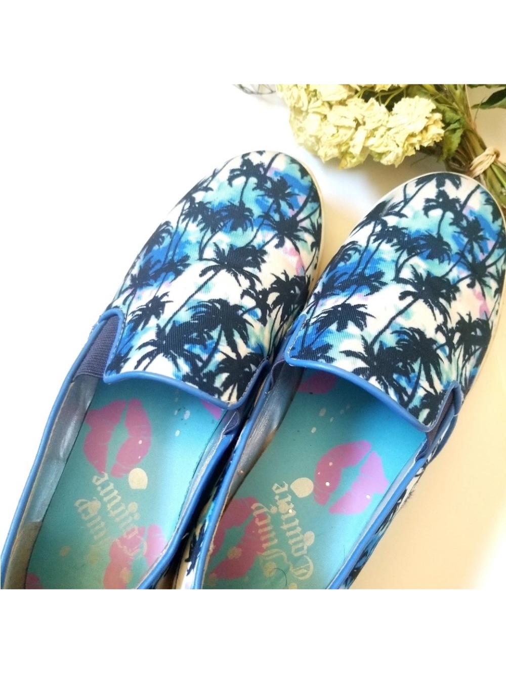 Juicy Couture Palm Tree Slip-On Sneakers in Blue, Pink, Black, White 7.5